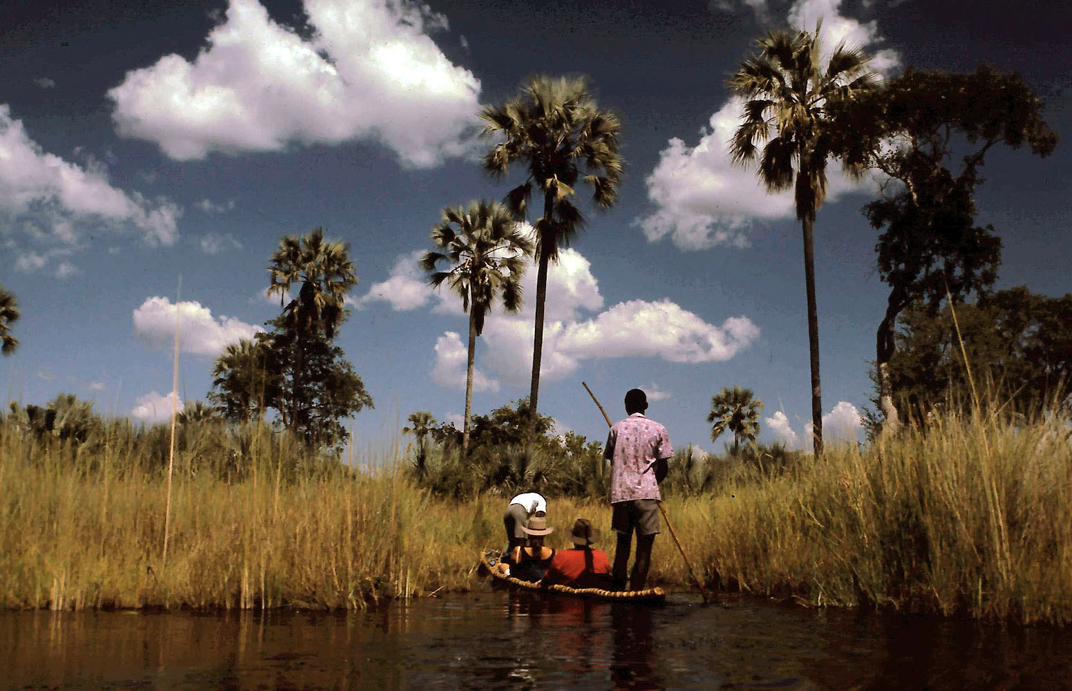 Reisende gleiten in einem traditionellen Mokoro-Einbaumboot durch die Wasserwege des Okavango-Deltas in Botswana, begleitet von einem lokalen Guide.