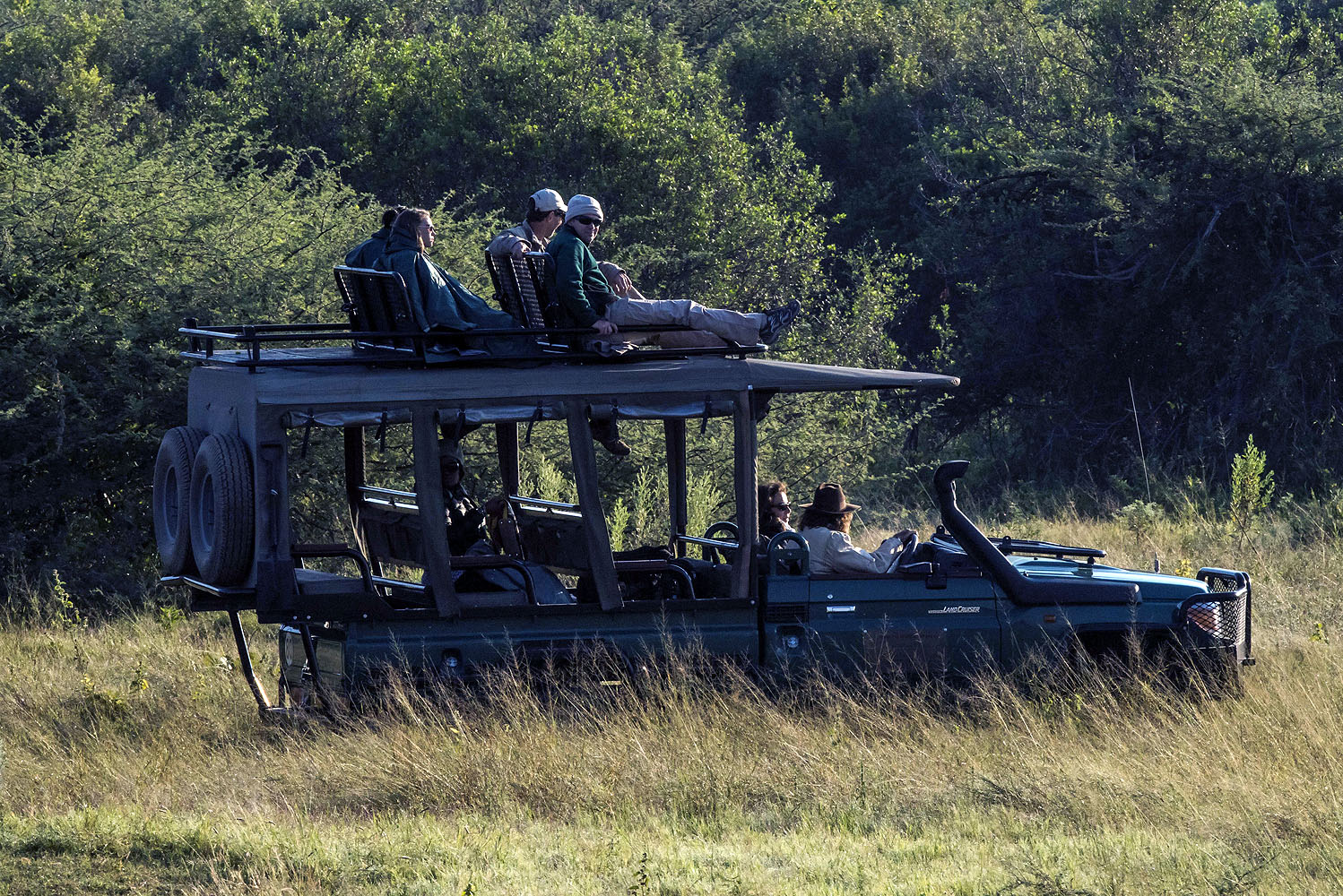 Safari-Geländewagen mit erhöhtem Aussichtsdach im Okavango-Delta in Botswana. Reisende beobachten die Tierwelt aus verschiedenen Perspektiven während einer exklusiven Safari durch die abwechslungsreichen Landschaften der afrikanischen Wildnis.