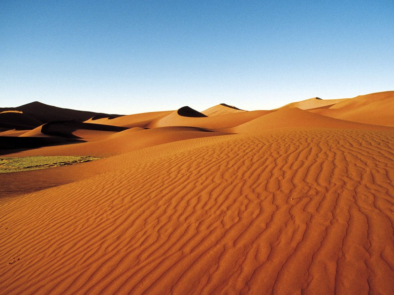Weite rote Sanddünen der Namib-Wüste bei Sossusvlei unter klarem blauem Himmel in Namibia.