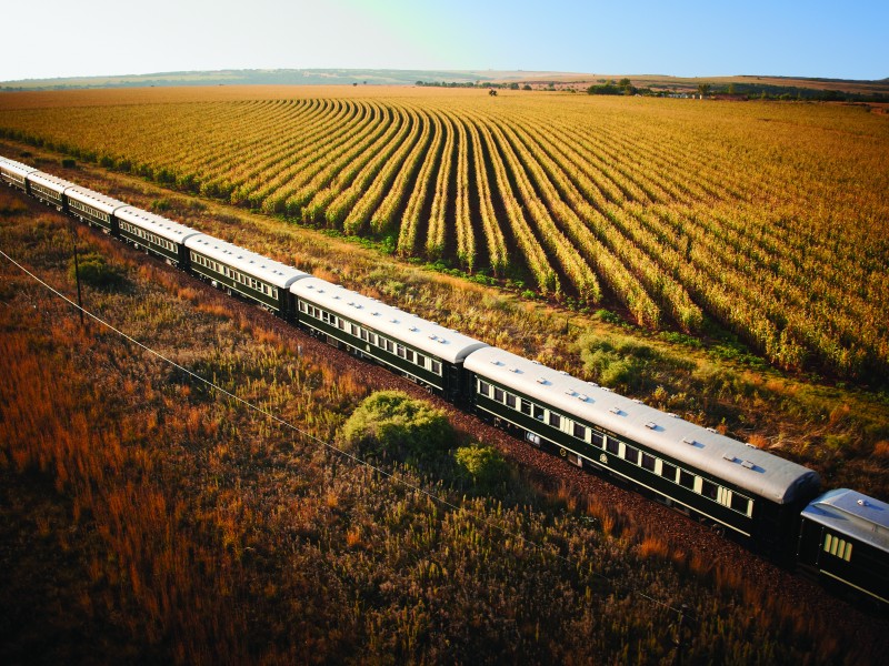 Rovos Rail Luxuszug fährt durch weitläufige Felder und die offene Landschaft Südafrikas.