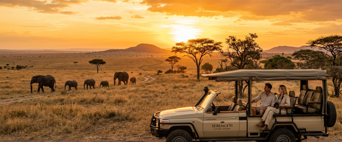 Ein Paar das im Safari Jeep den Urlaub in Afrika genießt und eine Elefanten Familie beobachtet